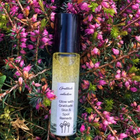 Glow with Gratitude. Skin & Spot Remedy Bottle Flower Background 